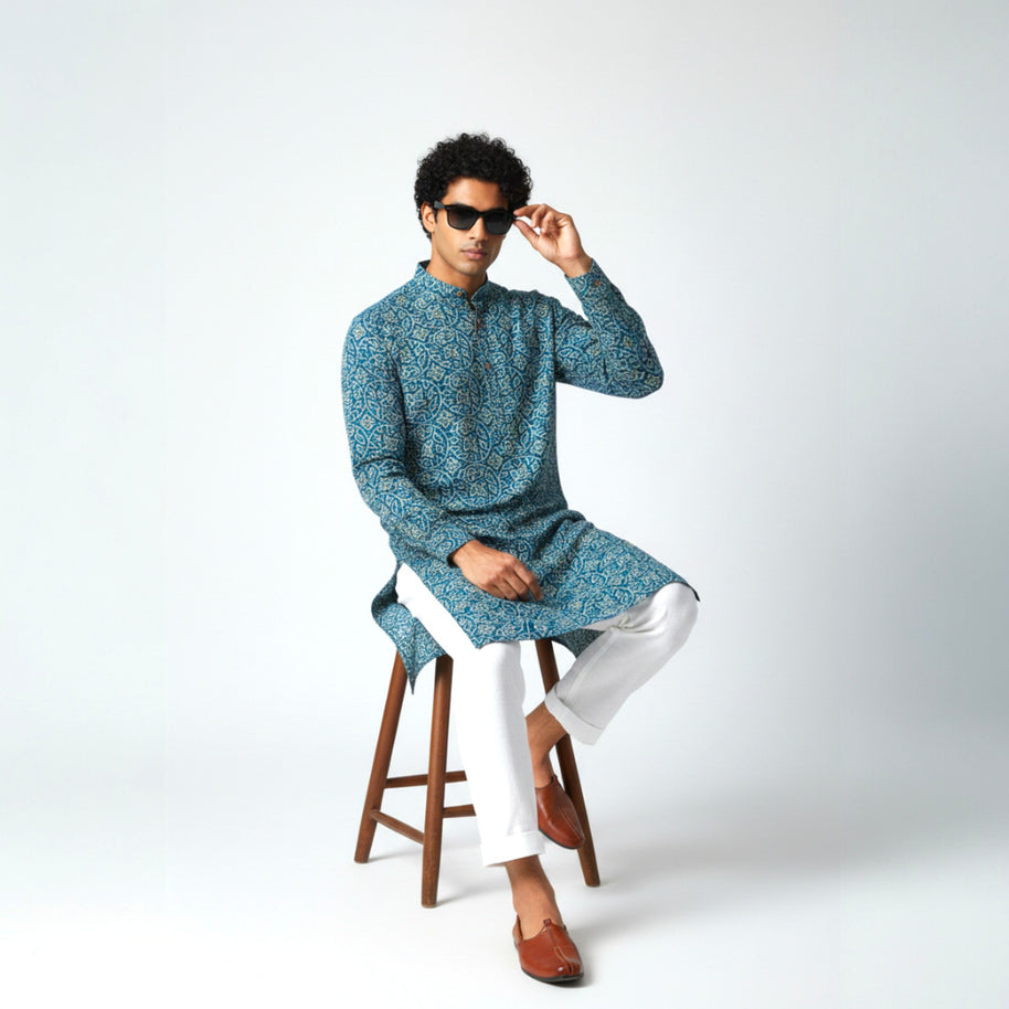 Blue Yellow Bandhani Cotton Kurta