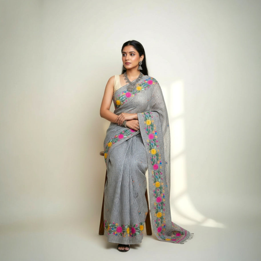 White Black Check Embroidery Kota Cotton Saree