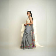 White Black Check Embroidery Kota Cotton Saree