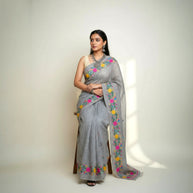 White Black Check Embroidery Kota Cotton Saree