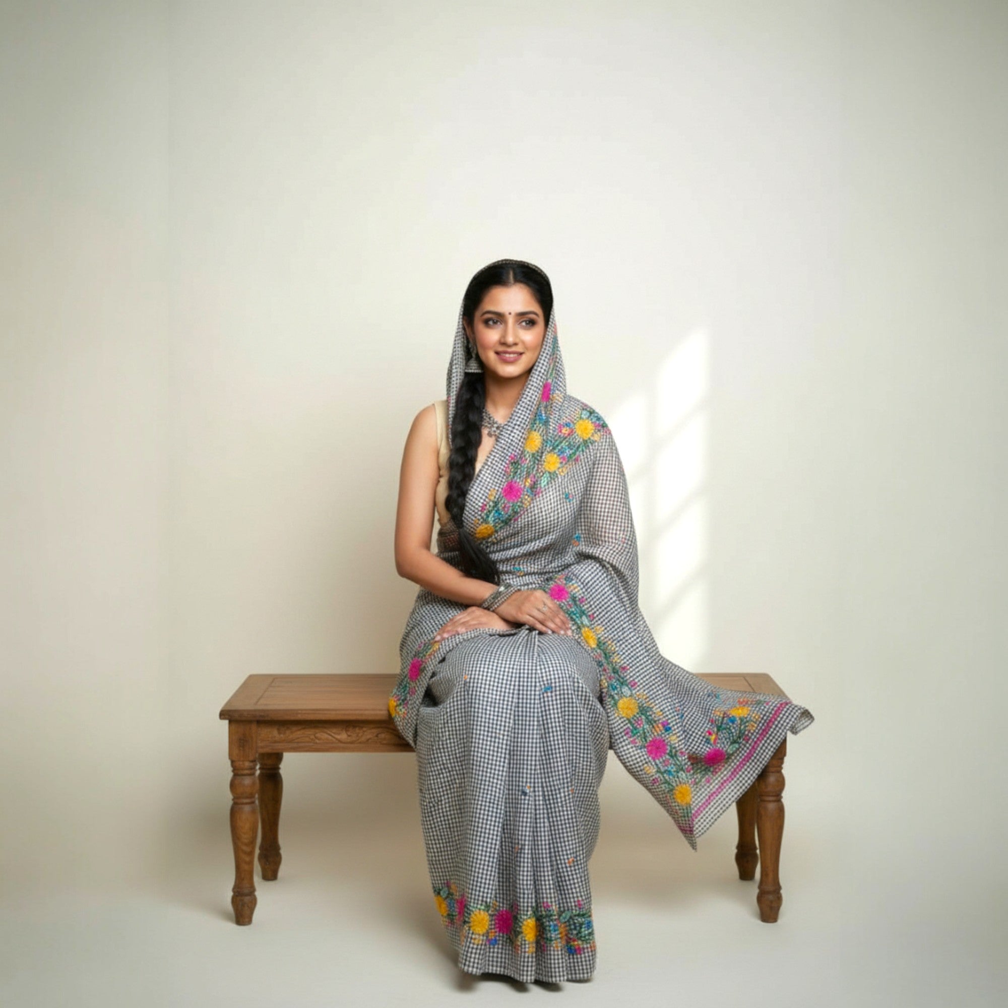 White Black Check Embroidery Kota Cotton Saree