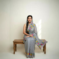 White Black Check Embroidery Kota Cotton Saree