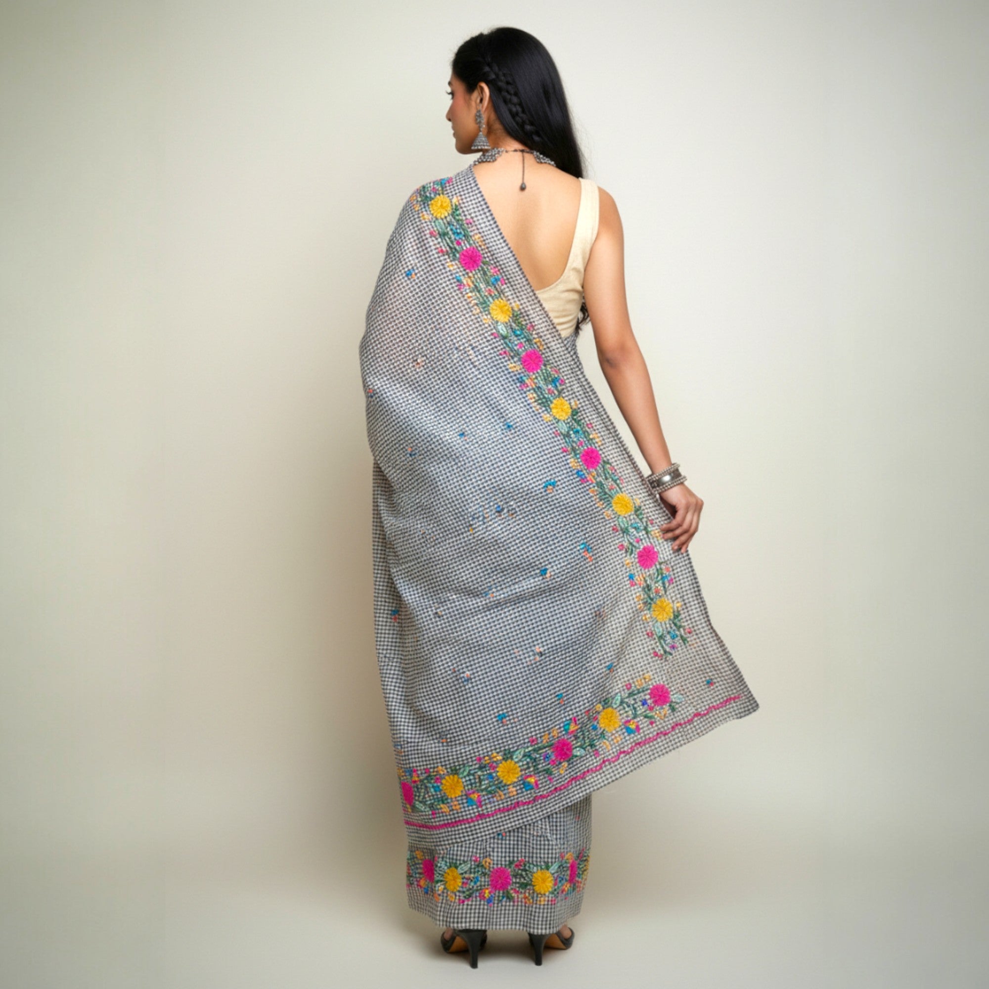White Black Check Embroidery Kota Cotton Saree