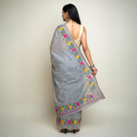 White Black Check Embroidery Kota Cotton Saree