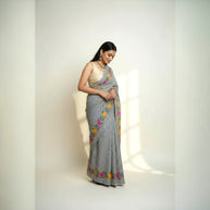 White Black Check Embroidery Kota Cotton Saree