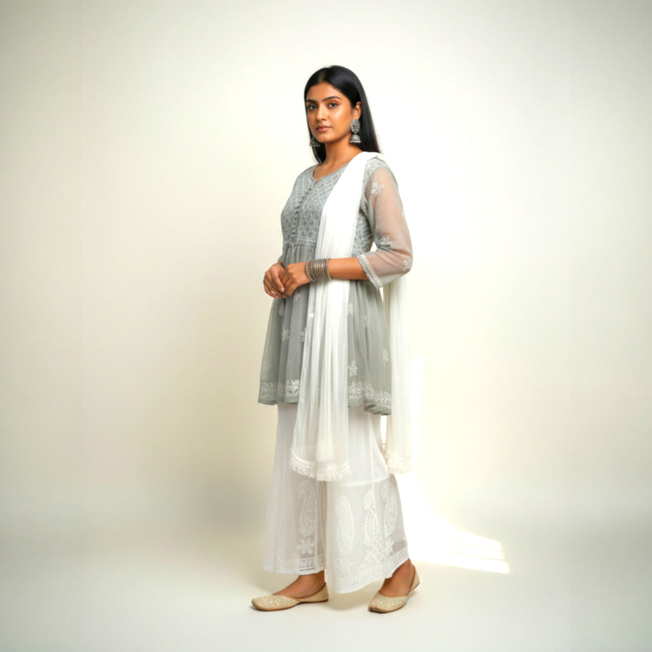 Grey Chikankari Georgette Short Kurti Set