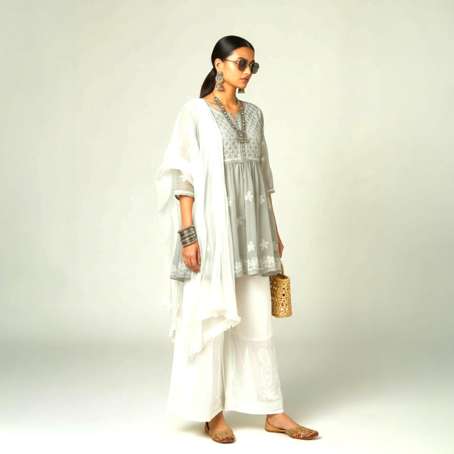 Grey Chikankari Georgette Short Kurti Set