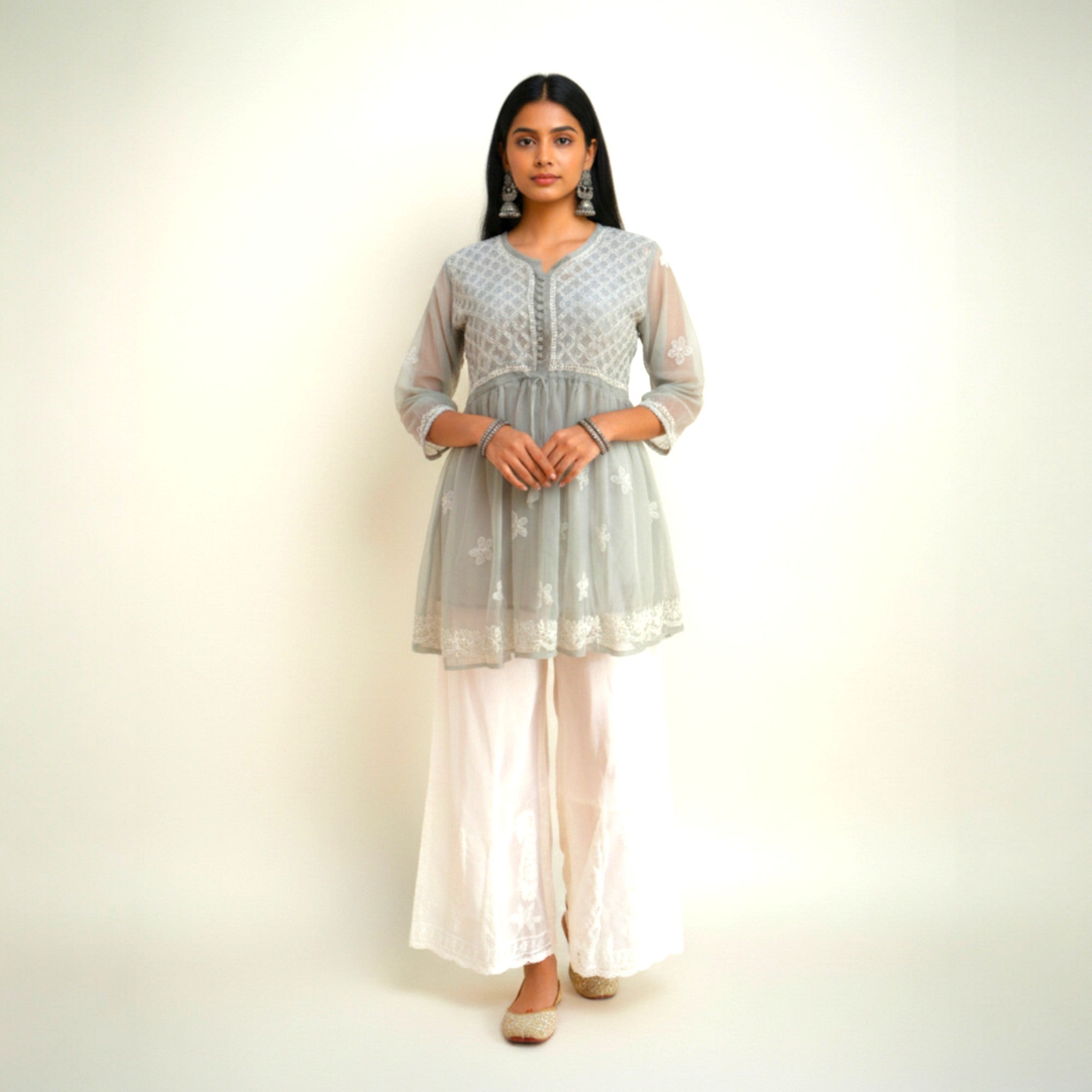 Grey Chikankari Georgette Short Kurti Set