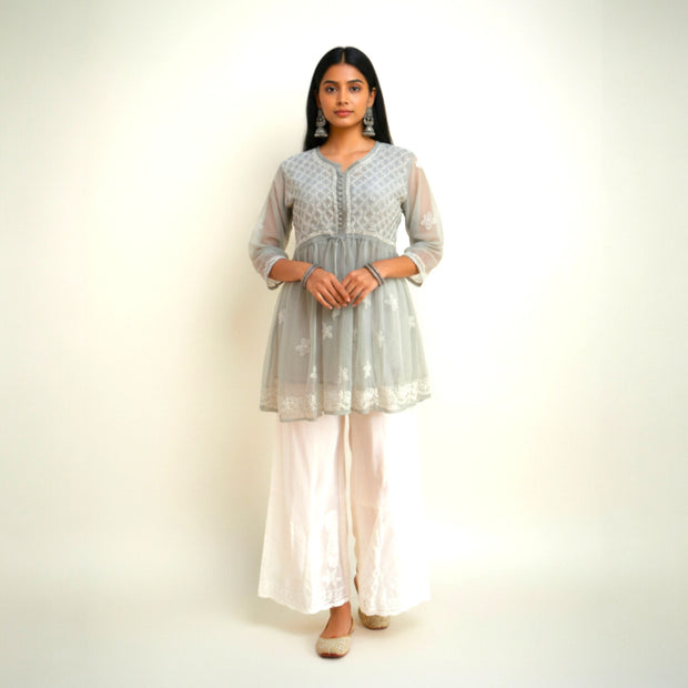 Grey Chikankari Georgette Short Kurti Set
