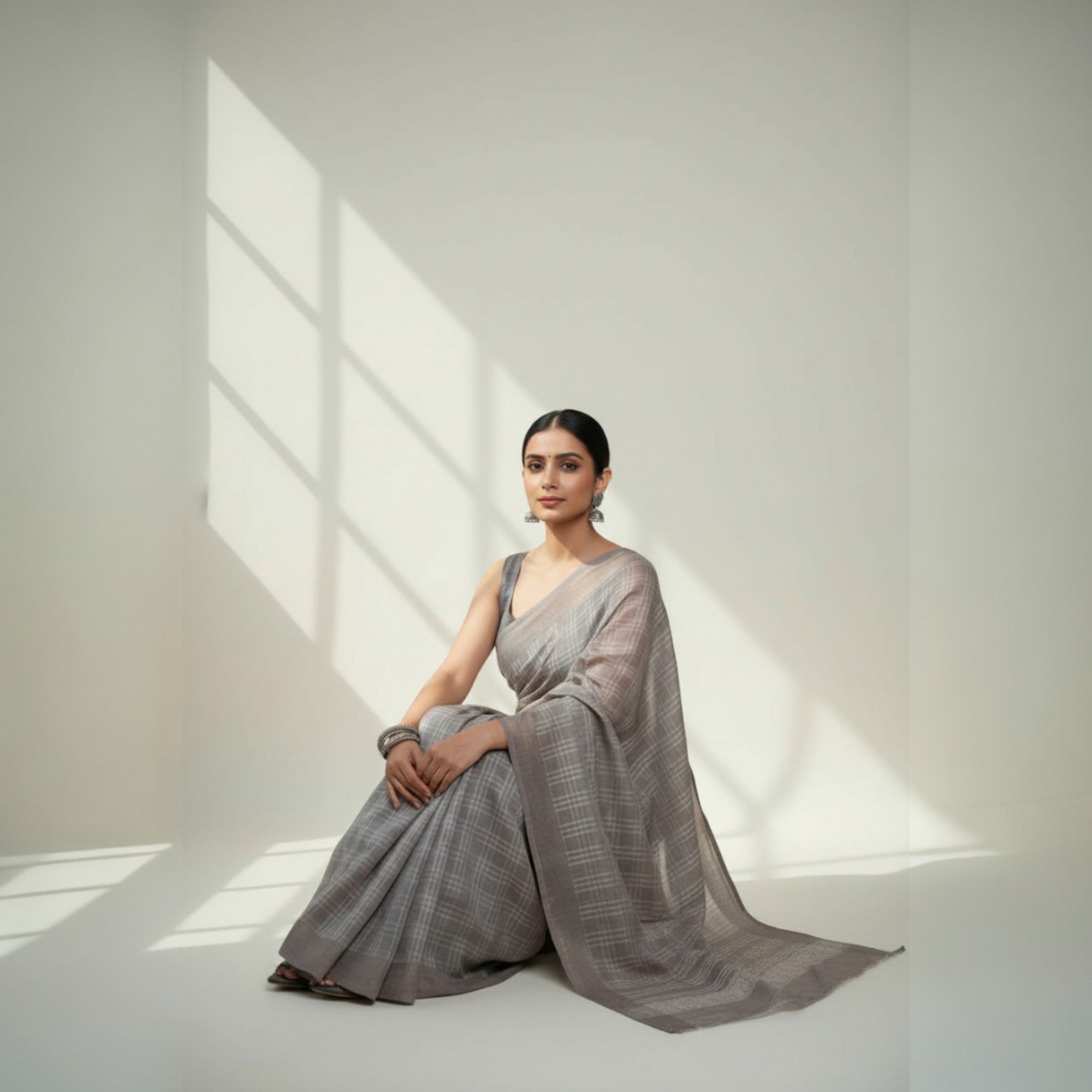 Brown Check Handblock Cotton Saree