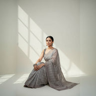 Brown Check Handblock Cotton Saree