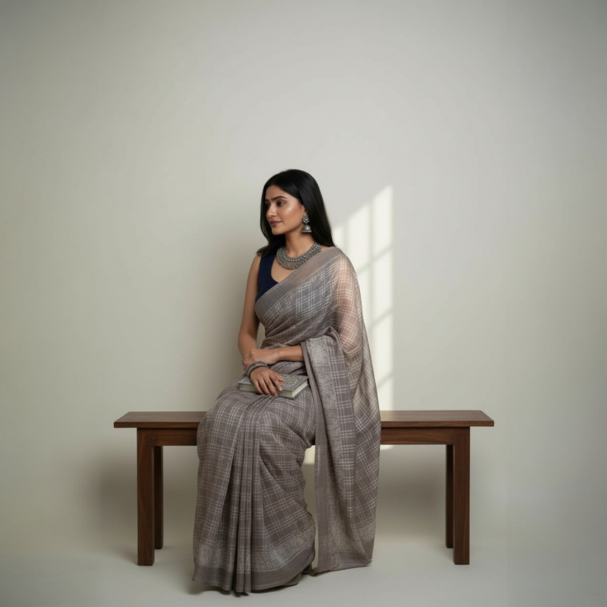 Brown Check Handblock Cotton Saree