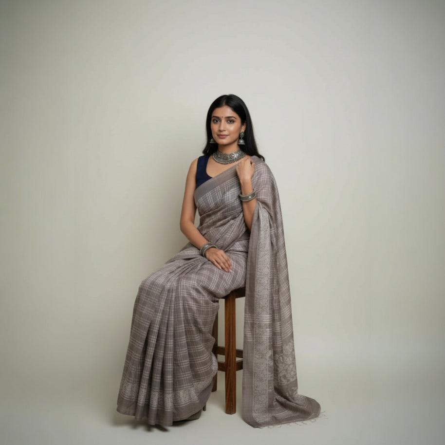Brown Check Handblock Cotton Saree