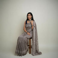 Brown Check Handblock Cotton Saree