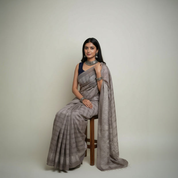 Brown Check Handblock Cotton Saree