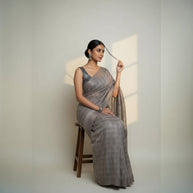 Brown Check Handblock Cotton Saree