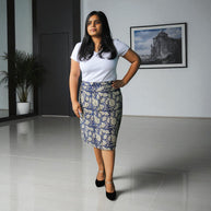 Hand Block Print Blue Creme Floral Pencil Skirt