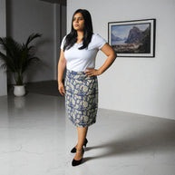 Hand Block Print Blue Creme Floral Pencil Skirt