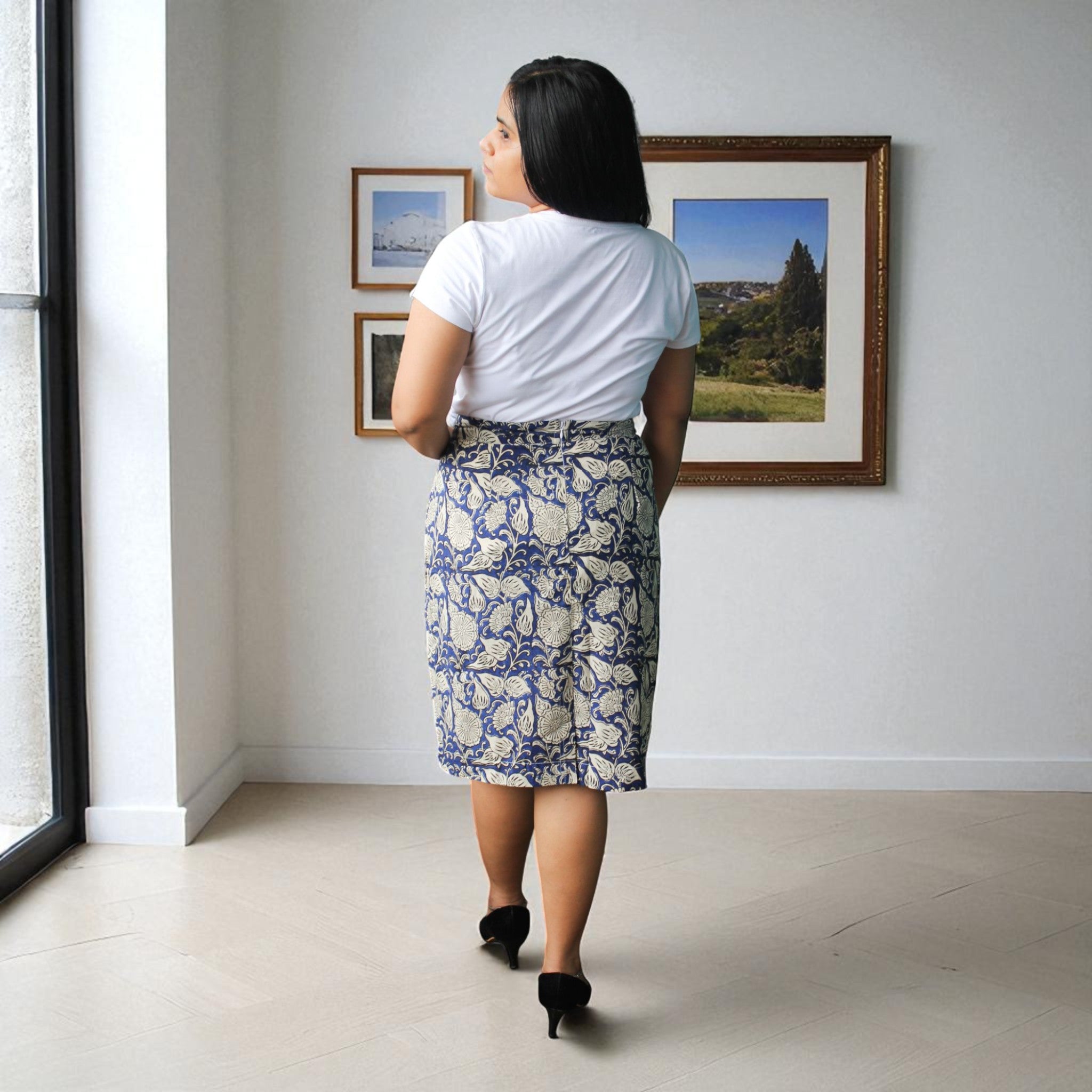 Hand Block Print Blue Creme Floral Pencil Skirt