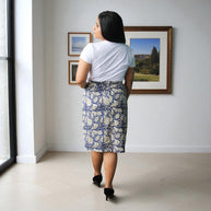 Hand Block Print Blue Creme Floral Pencil Skirt