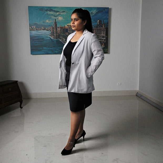 Hand Block Print Cotton Cloud Grey & White Stripe Blazer