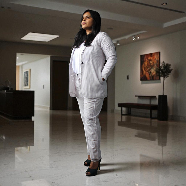 Hand Block Print Cotton Cloud Grey & White Stripe Blazer & Pant Set