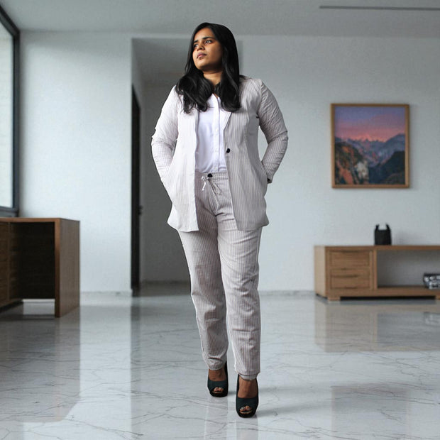 Hand Block Print Cotton Cloud Grey & White Stripe Blazer & Pant Set