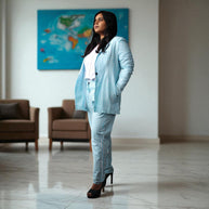 Hand Block Print Cotton Light Blue & White Stripe Blazer & Pant Set