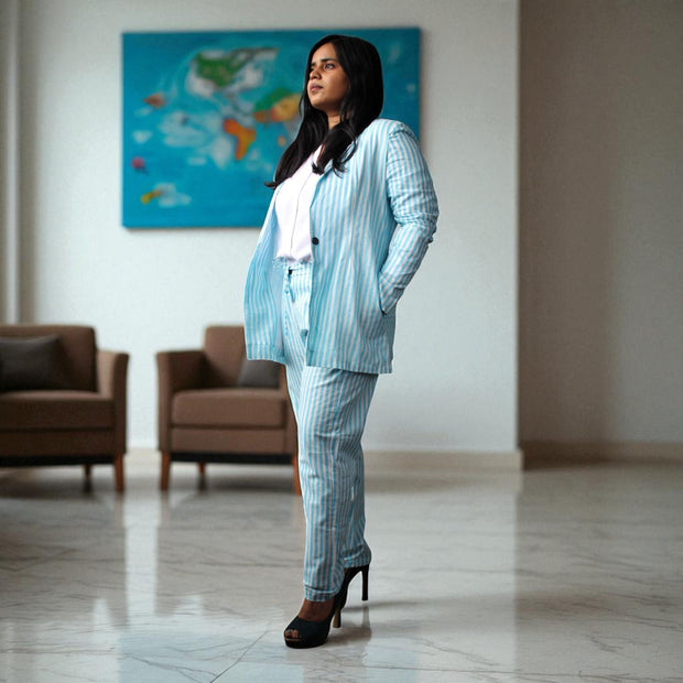 Hand Block Print Cotton Light Blue & White Stripe Blazer & Pant Set
