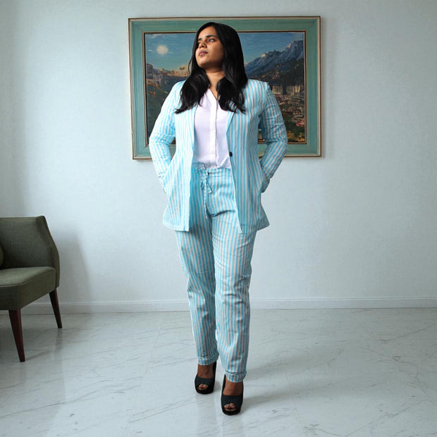 Hand Block Print Cotton Light Blue & White Stripe Blazer & Pant Set