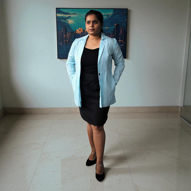 Hand Block Print Cotton Light Blue & White Stripes Blazer