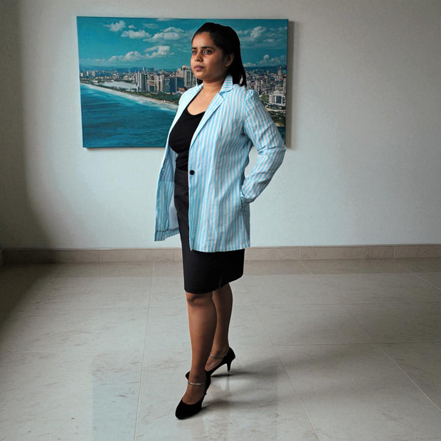 Hand Block Print Cotton Light Blue & White Stripes Blazer