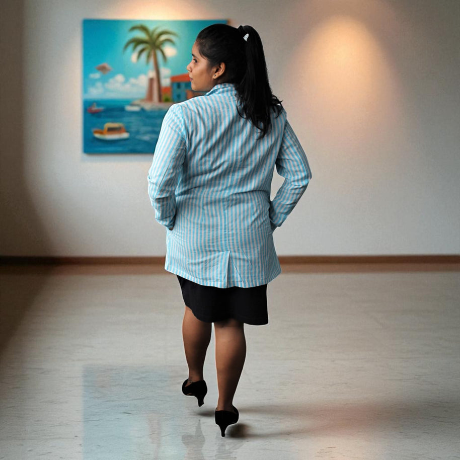 Hand Block Print Cotton Light Blue & White Stripes Blazer