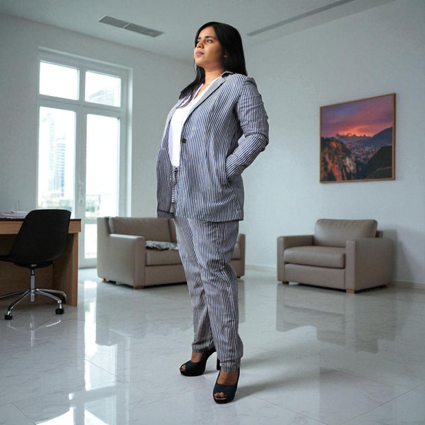 Hand Block Print Cotton Navy Blue & White Stripe Blazer & Pant Set