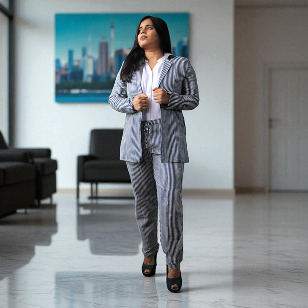 Hand Block Print Cotton Navy Blue & White Stripe Blazer & Pant Set