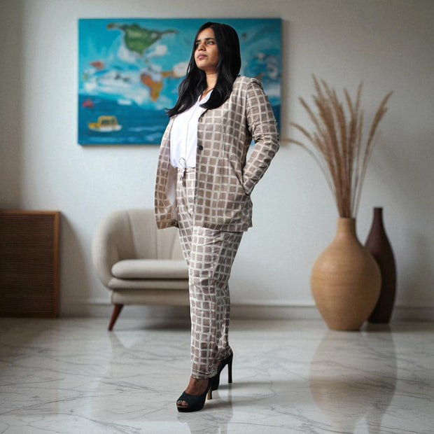 Hand Block Print Cotton Warm Tan Brown Blazer & Pant Set