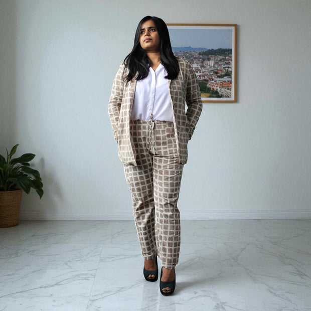 Hand Block Print Cotton Warm Tan Brown Blazer & Pant Set