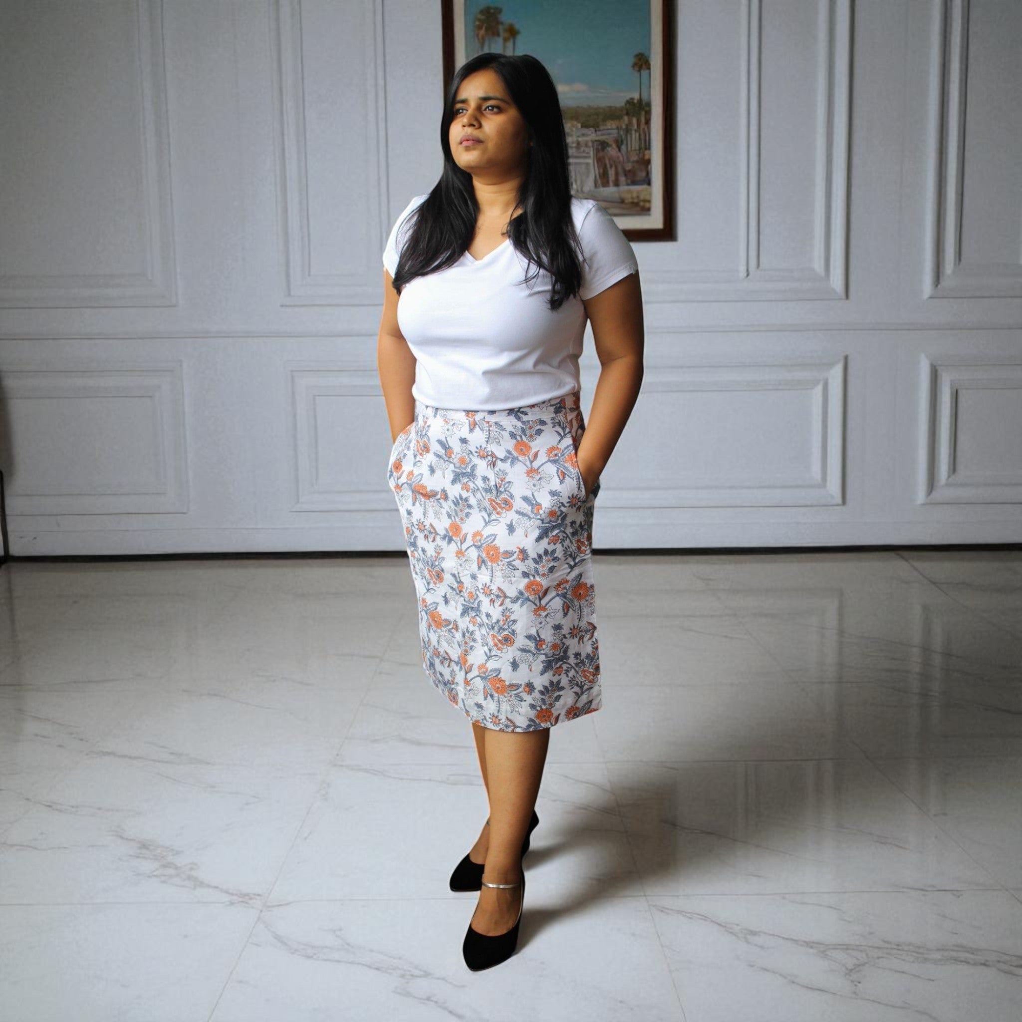 Hand Block Print Grey Orange Floral Pencil Skirt
