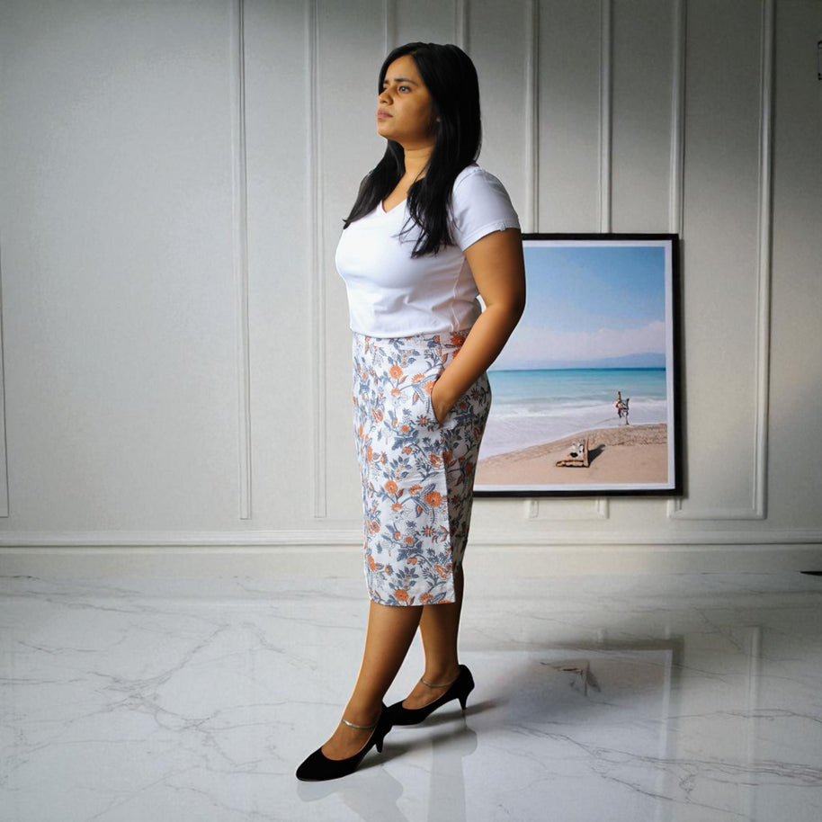 Hand Block Print Grey Orange Floral Pencil Skirt