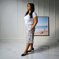 Hand Block Print Grey Orange Floral Pencil Skirt