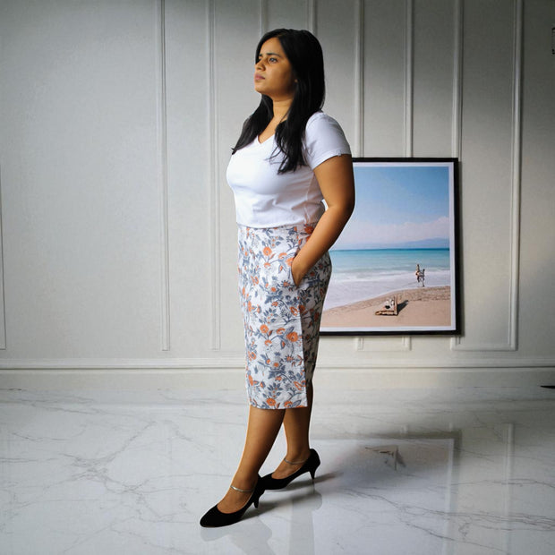 Hand Block Print Grey Orange Floral Pencil Skirt
