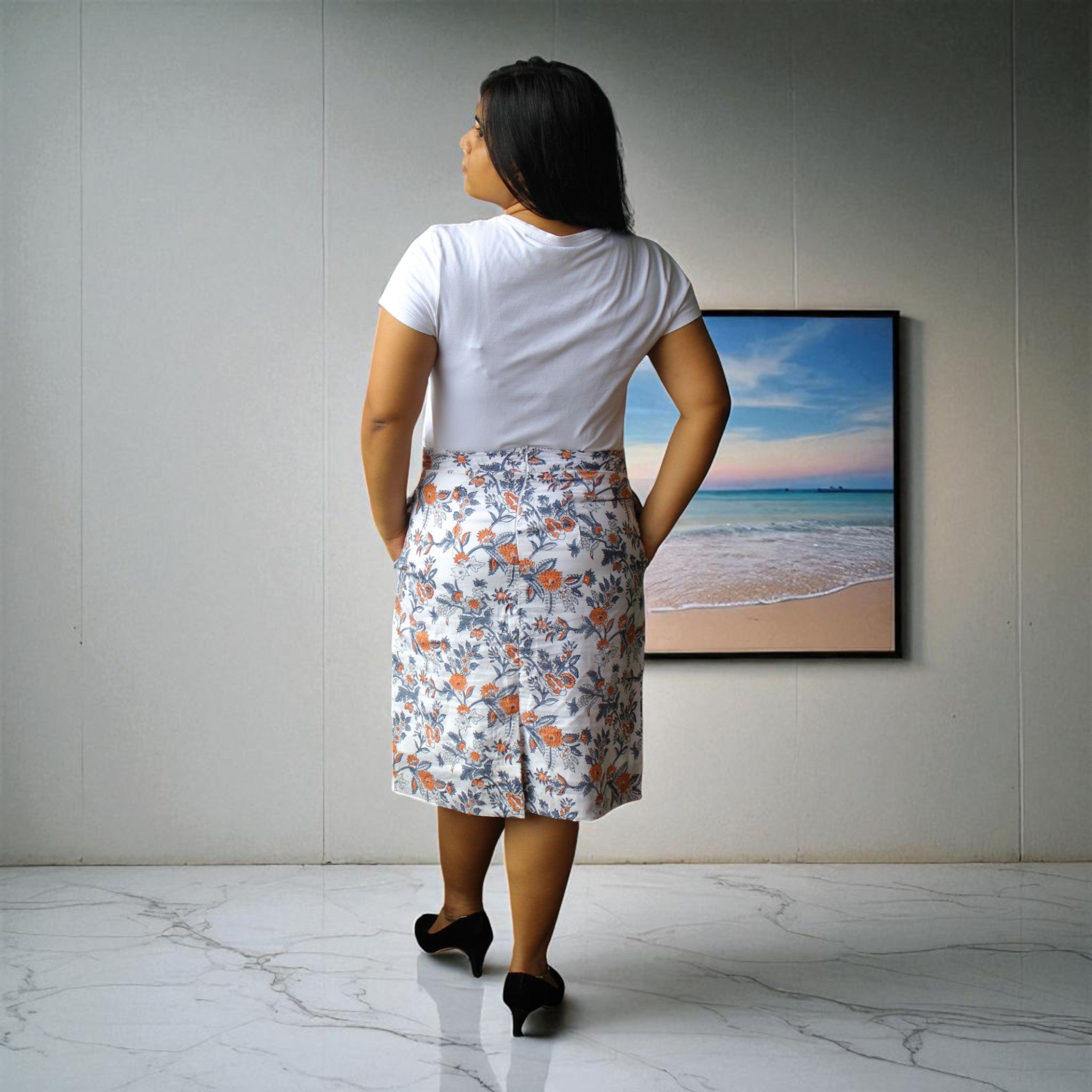 Hand Block Print Grey Orange Floral Pencil Skirt