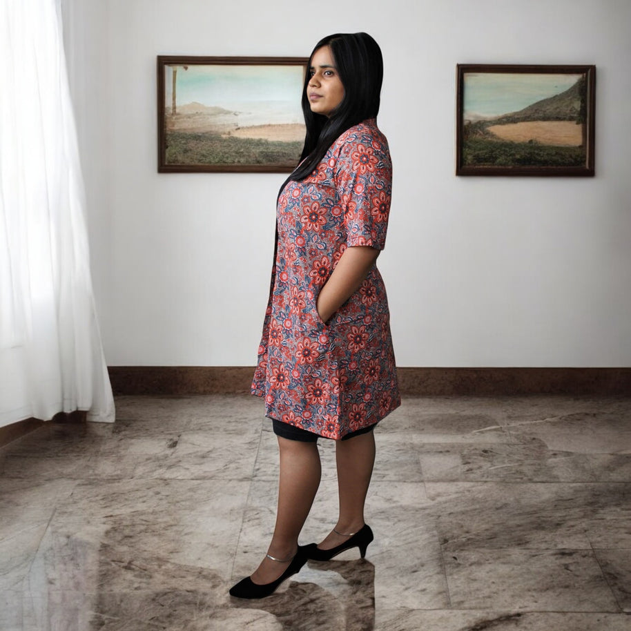 PeachFloral Handblock Cotton Shrug