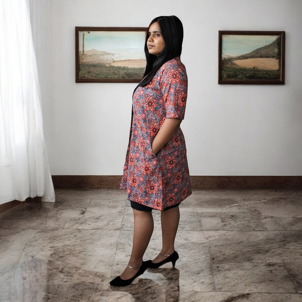 PeachFloral Handblock Cotton Shrug