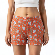 Orange Floral Handblock Cotton Shorts