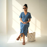 Indigo Stripe Handblock Cotton Long Dress