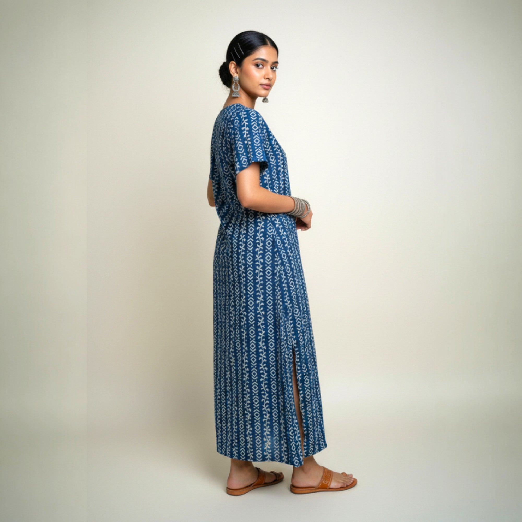 Indigo Stripe Handblock Cotton Long Dress