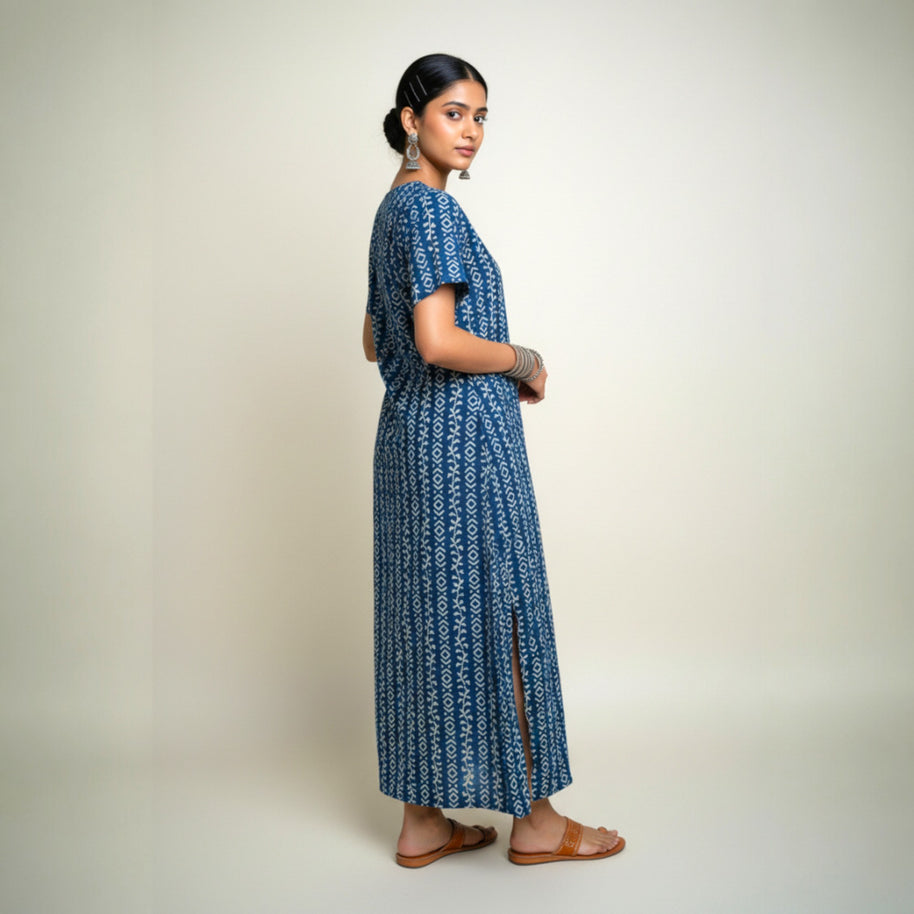 Indigo Stripe Handblock Cotton Long Dress