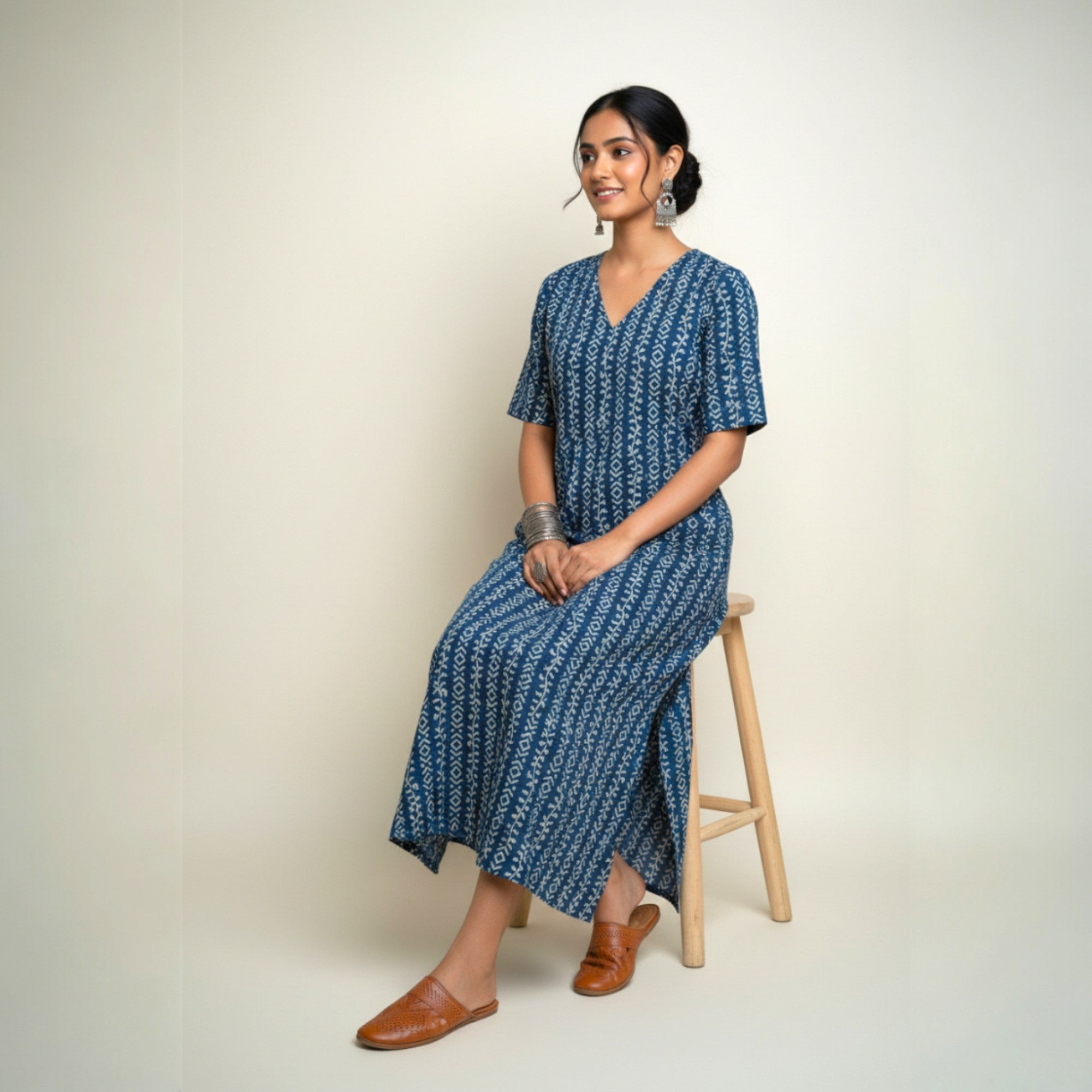 Indigo Stripe Handblock Cotton Long Dress