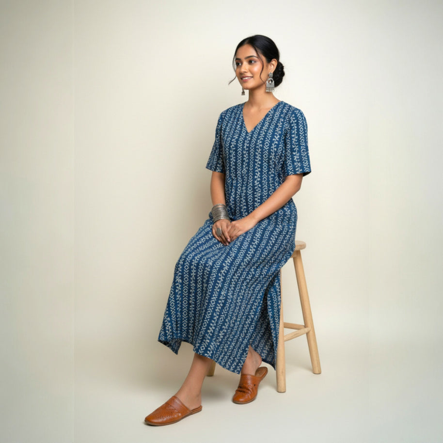 Indigo Stripe Handblock Cotton Long Dress
